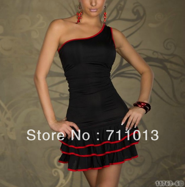 Drop shipping! Dresses new fashion 2012,one-shoulder fashion skirts,ruffles designer knee-length dress,black and red