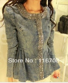 drop shipping Eu US wind the diamond round neck waist high luxury large denim jacket cardigan wjk-005