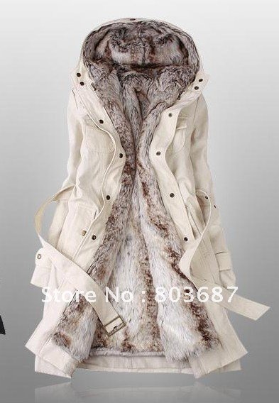 Drop Shipping Faux Fur Lining Women's Beige Fur Coats Winter Warm Long Coat Wholesale