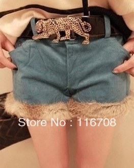 DROP SHIPPING HOT SELLING WHOLESALE koreanRabbit fur sweep blue corduroy rabbit fur shorts PANT FOR WOMEN st-009