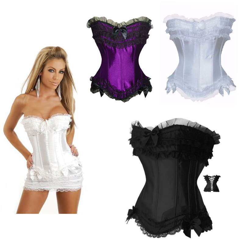 Drop Shipping Newest women satin plus size corsets! lace up ivory black purple overbust butterfly bustiers with lingerie set