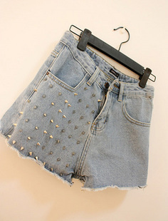 drop shipping Vintage personality full rivet cool high waist denim shorts female hot