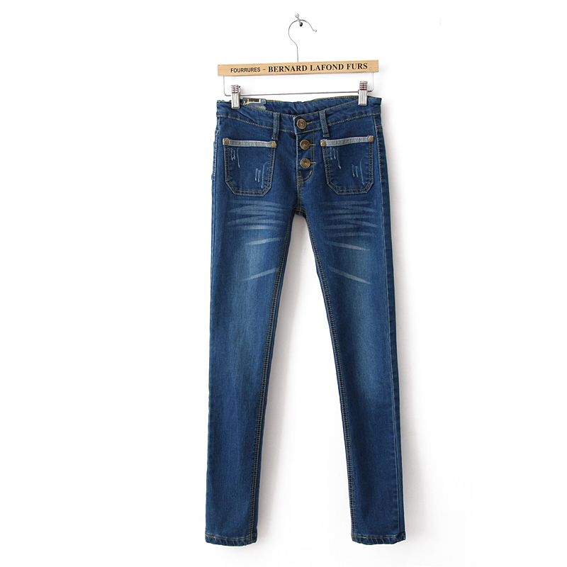 drop shipping Wearing white metal buckle female jeans slim skinny jeans pencil pants