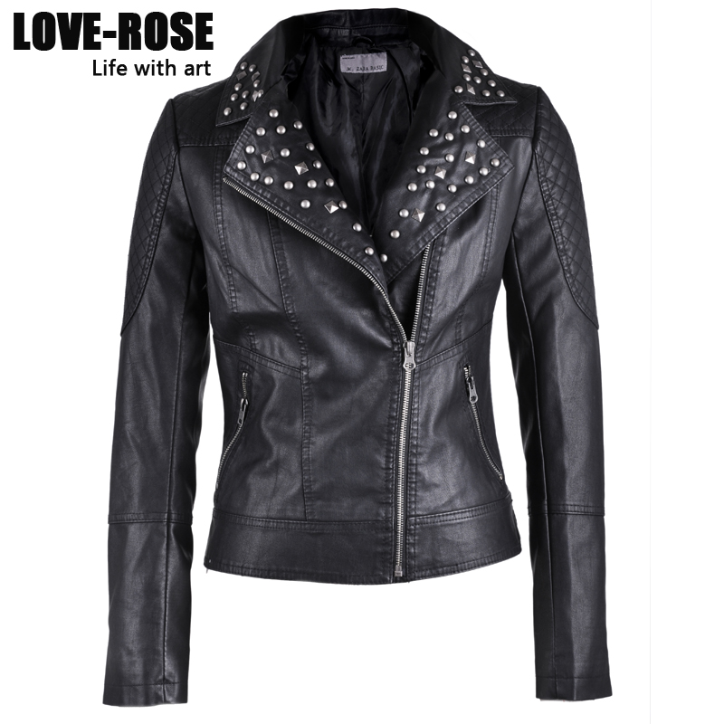 drop shipping Winter women top punk rock rivet black high waist leather jacket leather clothing outerwear