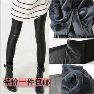 Dull faux leather thermal legging thickening ankle length trousers beaver fluffy faux leather pants D-WOLVES