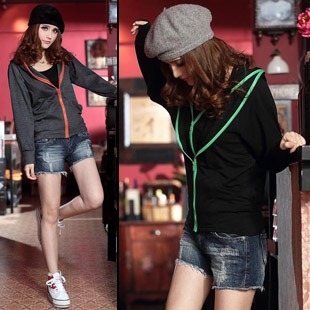 E casual 7274 multicolour personality double zipper female plain all-match cardigan with a hood short jacket 530g