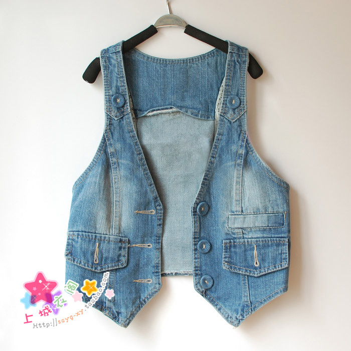 e-home 2013 female short design bag buckle denim vest brief sweet all-match vest coat vest -hb