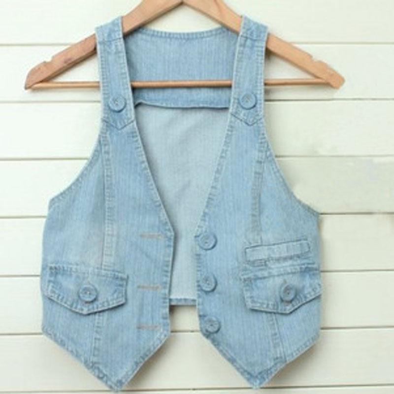 e-home Spring and summer women's covered buttons short design denim vest brief fashion all-match vest outerwear shrug -hb