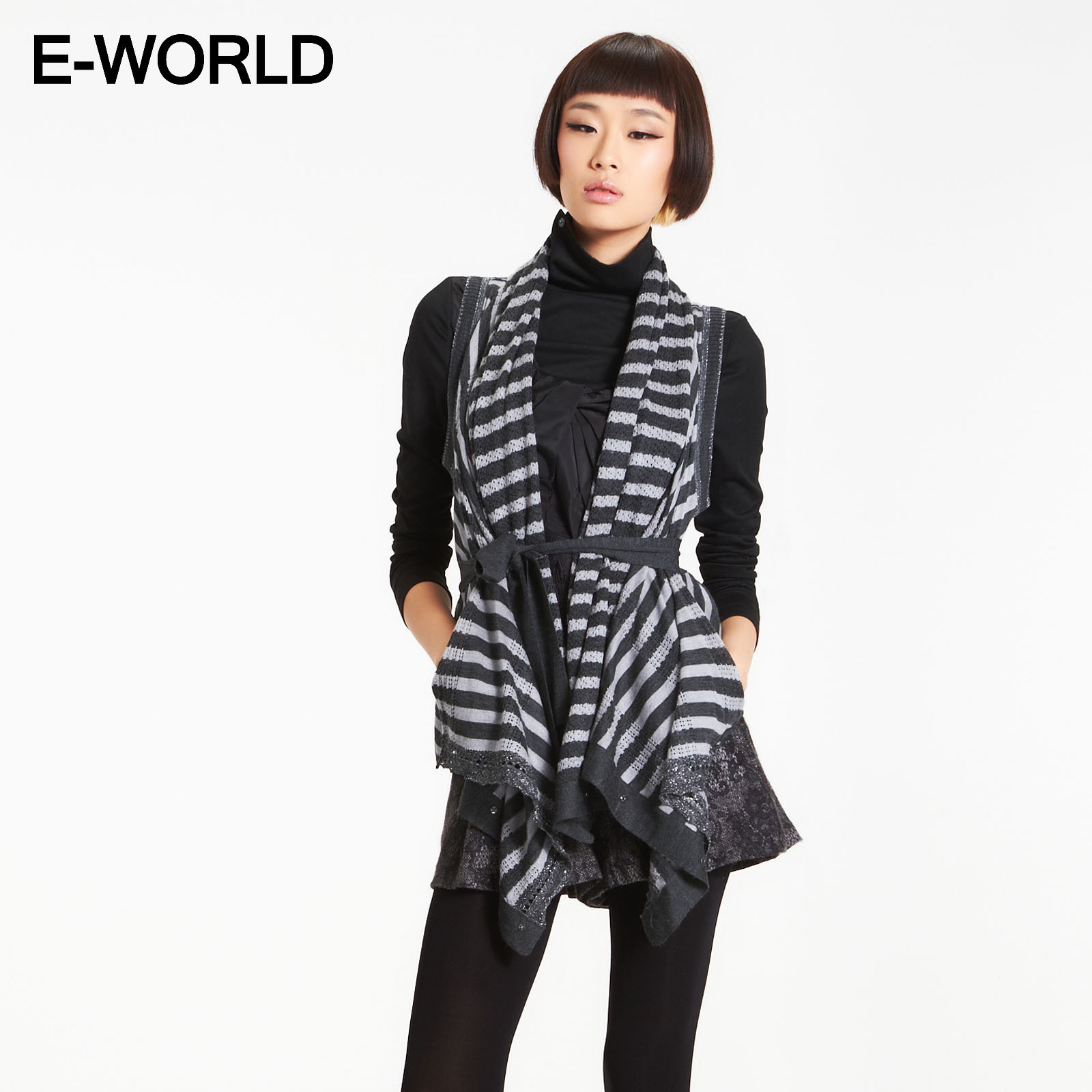 E-world autumn women's stripe print knitted all-match vest i1102