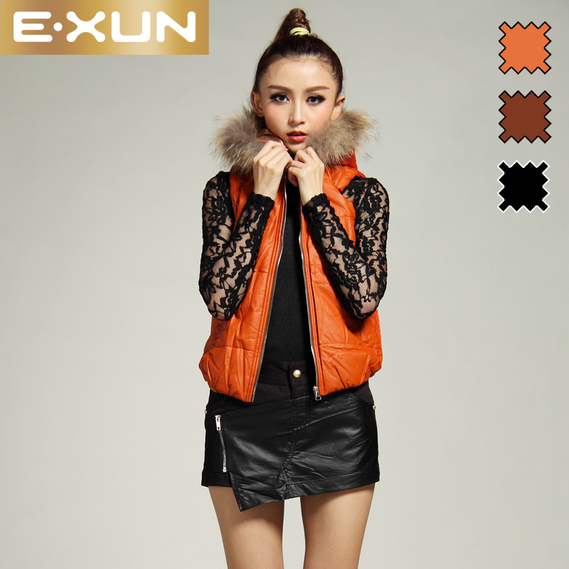 E.xun women's short design with a hood fashion fur collar vest female cotton vest