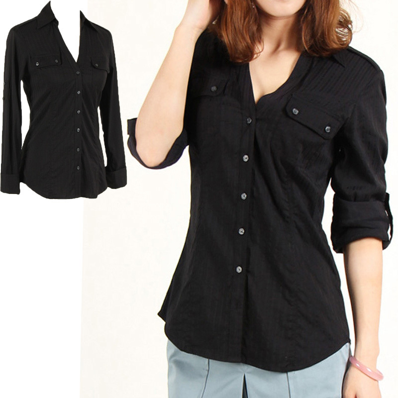 early autumn Express fashion ol casual women's elegant solid color v-neck long-sleeve  slim shirt   PL12073006