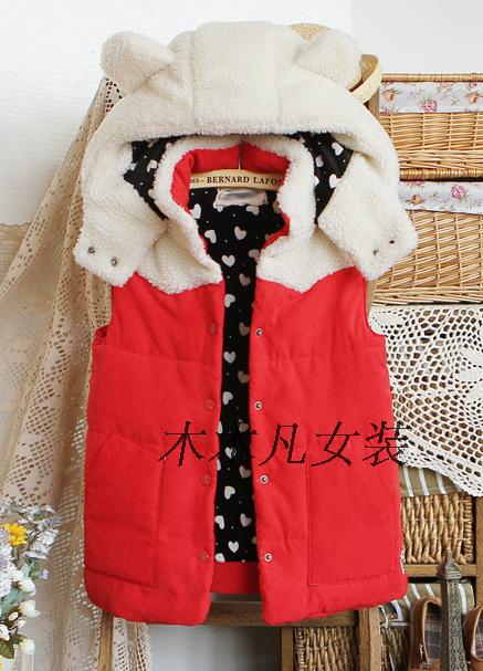 Ears with a hood thickening color block decoration cotton vest outerwear female