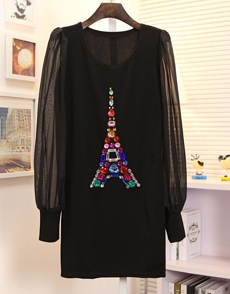 EAST KNITTING AA-156 women clothe Fashion 2013 Chiffon shirt Eiffel Tower Beading Tops Diamond Tops Casual