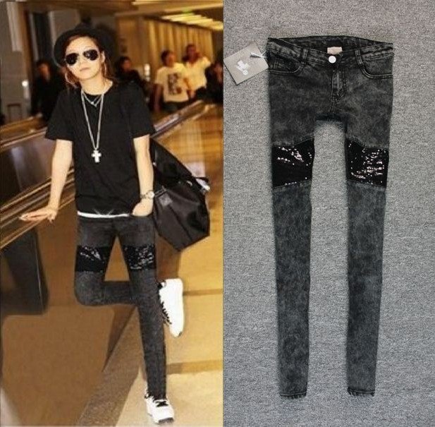 East Knitting AS-007 Wholesale women boot cut shiny sequins Jeans  PENCIL Pants Trousers low waist Denim free shipping