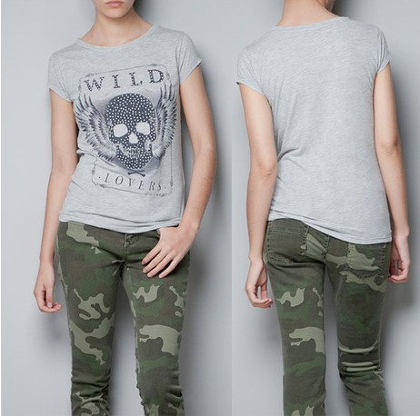 EAST KNITTING BB-093 2013  women clothing Hot drill printing skull skeleton grey Fashion tops Free shipping