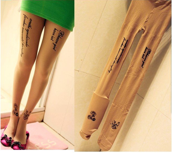 East Knitting CQ-001 Fashion Word Flower Print/tattooing Tights 20D Leggings Free Shipping Wholesale 6pc/lot