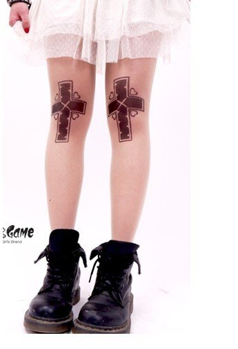 East Knitting CQ-069 ZIPPR/NADIA/SPANK/CandyStripper Cross Tattoo Tights FREE SHIPPING Wholesale