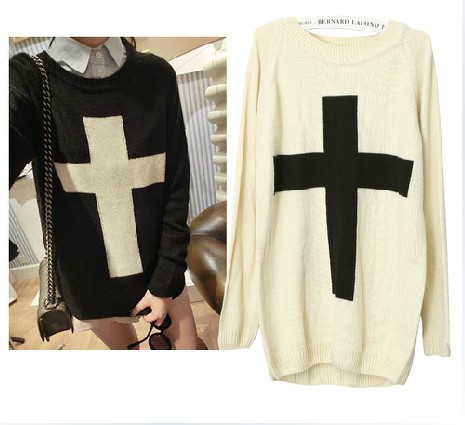 East Knitting CR-004 Fashion Women Cross Pattern Woollen Sweater Black/White L suit