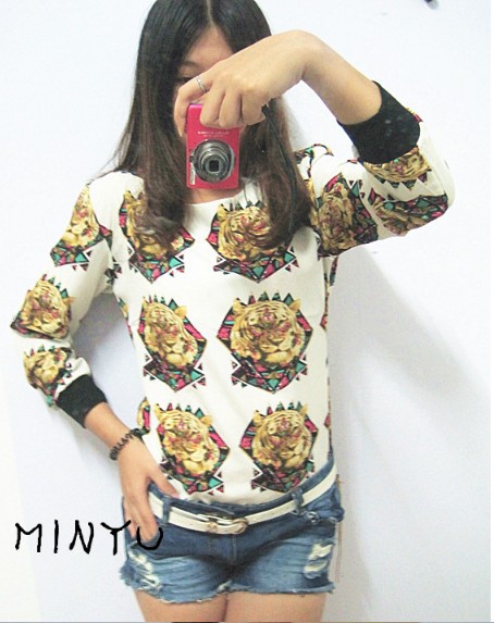 East Knitting Fashion AA-098 Women Clothing 2013 Tiger Pattern Long Sleeve Chiffon T-Shirts Women Blouse New Arrive