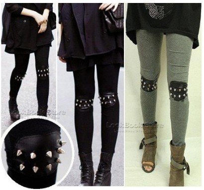 East Knitting FH-021 2012 women punk knee rivet studs spike faux leather patch leggings legwear tights  free shipping wholesale