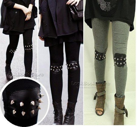 East Knitting FH-022 2013 Women Punk Knee Rivet Studs Spike Faux Leather Patch Leggings Legwear Tights Free Shipping Wholesale