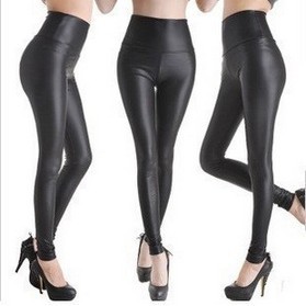 East Knitting FREE SHIP SED-063 Shiny Metallic High Waist Black Stretchy Leather Leggings/Tights/Pants Free Size