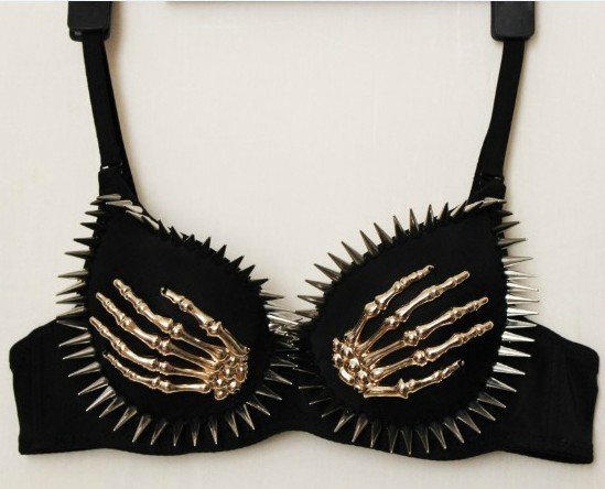 East Knitting FREE SHIPPING BR-099 Bra Women Party All-over Spike Stud Skull Bra Metallic Punk Dance skeleton Best Quality