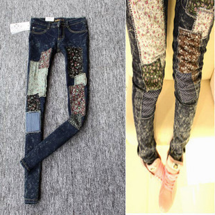 East Knitting Free Shipping JE-014 Women applique print Jeans pencil Pants Trousers Denim Best Quality Fast Delivery