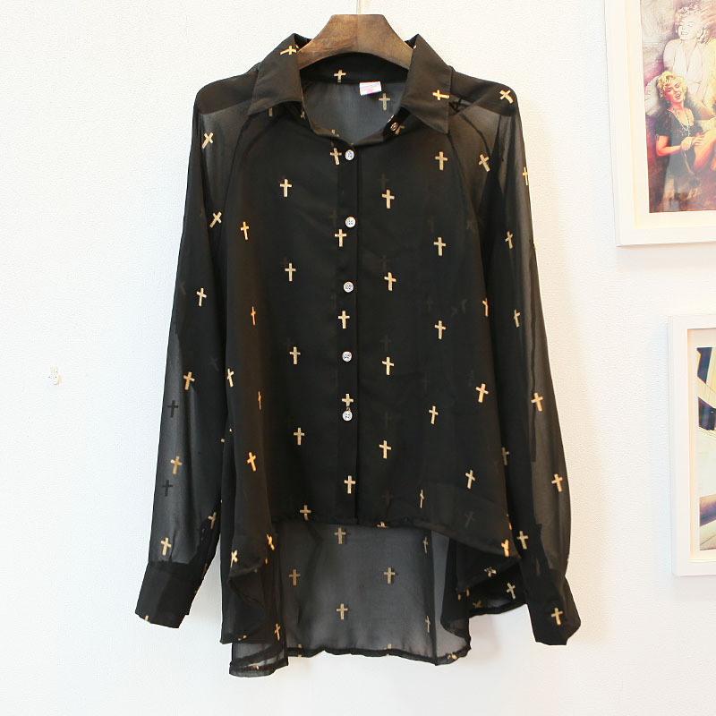 EAST KNITTING Free Shipping OC-004 Women Punk Black Sexy chiffon Yarn halter Cross Blouse Shirt