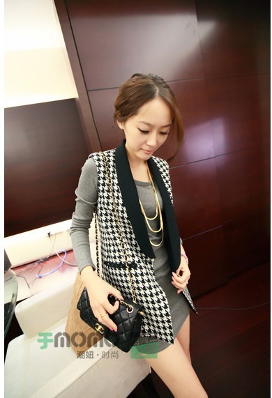 East Knitting Houndstooth all-match coveredbuttons women's suit collar patchwork medium-long slim vest Free Shipping