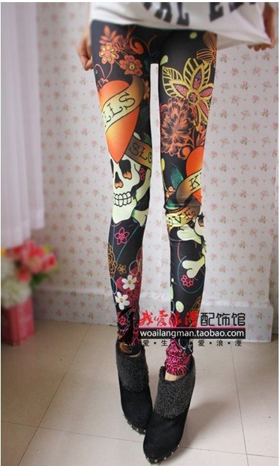 East Knitting LJ-026 Women Vintage Colorful skull/bones/skeleton Graffiti Skinny Jeans Pants/Leggings FREE SHIPPING