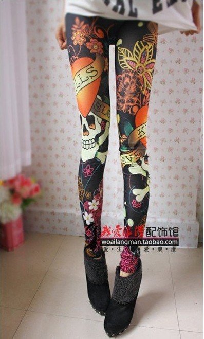 East Knitting LJ-026 Women Vintage Colorful skull/bones/skeleton Graffiti Skinny Jeans Pants/Leggings FREE SHIPPING+Wholesale