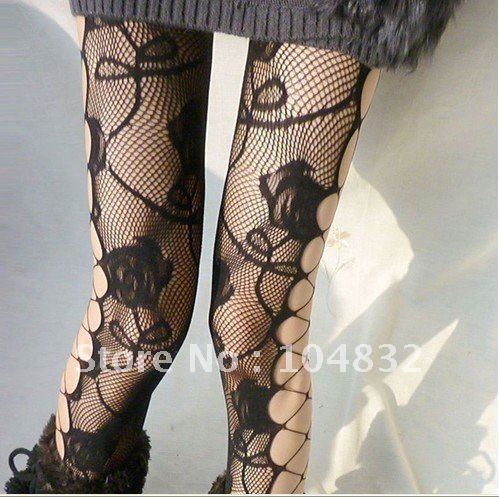 East Knitting NS-099 Sexy Black Side Cut Off Hollow-out Rose Jacquard Net Stockings/Tights FREE SHIPPING+Wholesale 6pc/lot