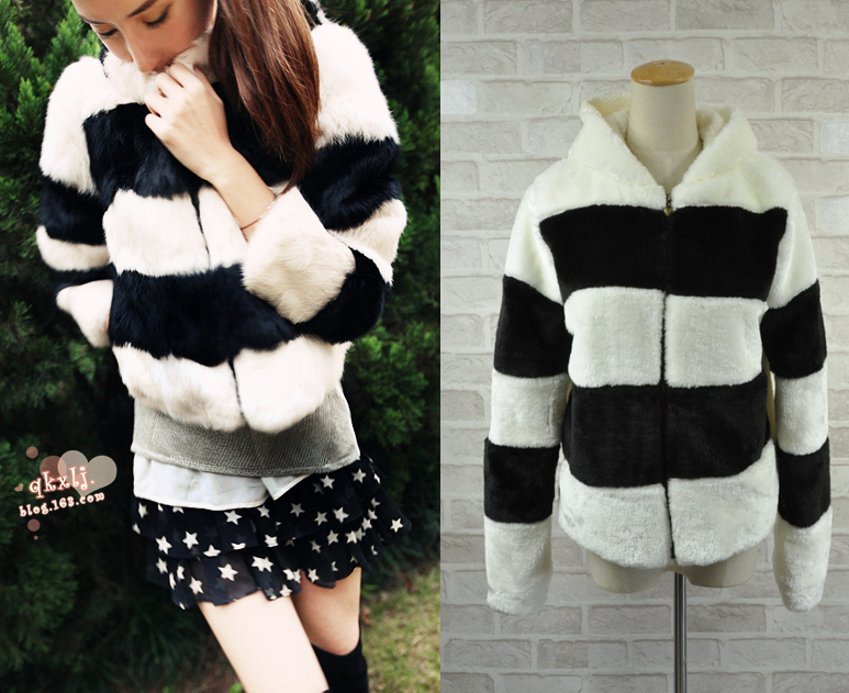 East Knitting Sisouhor black-and-white stripe shorts thermal with a hood coat - Free Shipping