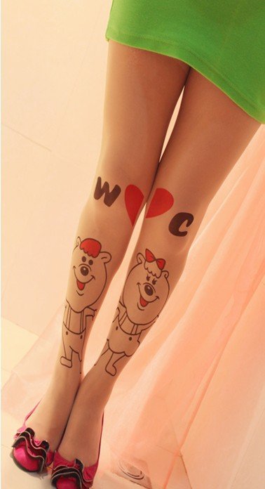 eastwe Knitting BEST SALE CQ-051 Fashion Women love bear Tattoo print hosiery Tights pantynose Free Shipping Wholesale 6pc/lot