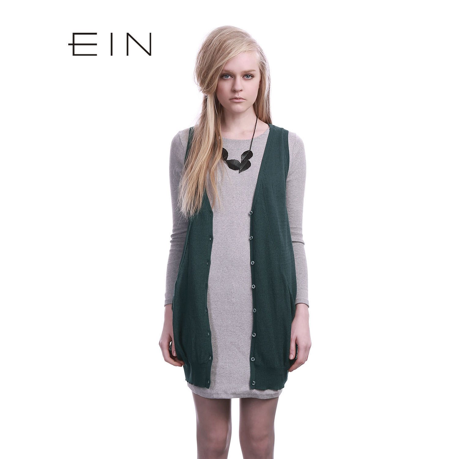 Ein women's sweater all-match V-neck large pocket medium-long vest cardigan k13311