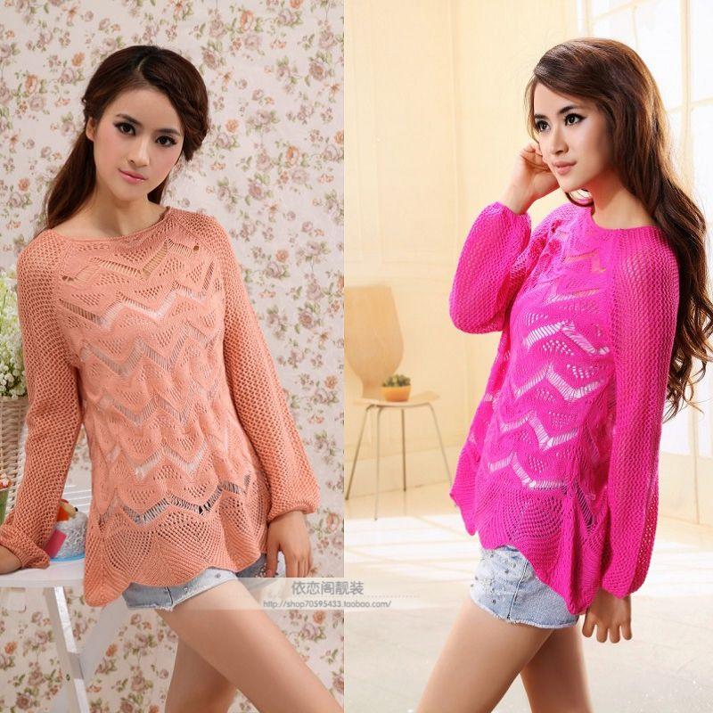 ELAND 2013 spring women's o-neck solid color cutout crochet pullover sweater (WC005)