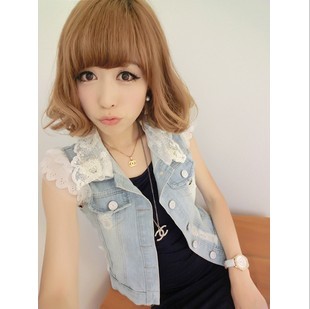 ELAND e1 z delicate lace rhinestone decoration small distrressed denim vest