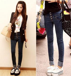 ELAND q19 buttons butt-lifting high waist jeans pencil pants skinny pants , Free Shipping