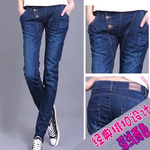 Elastic buttons retro finishing denim trousers female pencil pants 3043