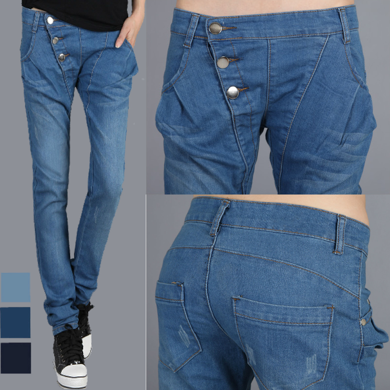 Elastic buttons retro finishing denim trousers female pencil pants