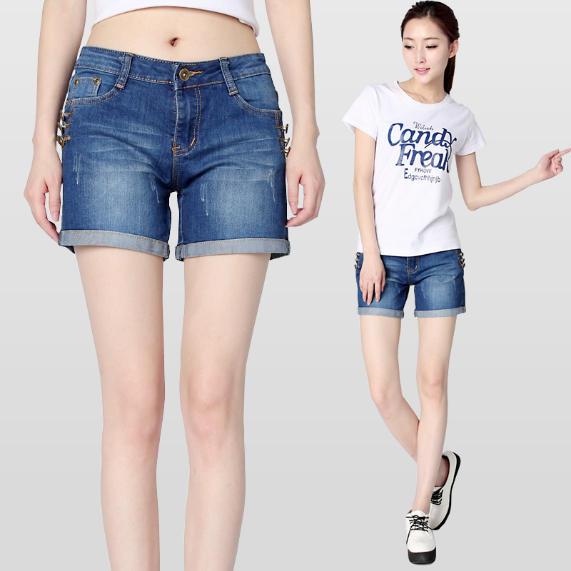 Elastic denim shorts female summer buttons roll up hem loose shorts mid waist pants