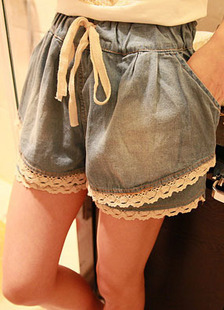 Elastic elastic lace sweep cloth cotton thin denim shorts female pants