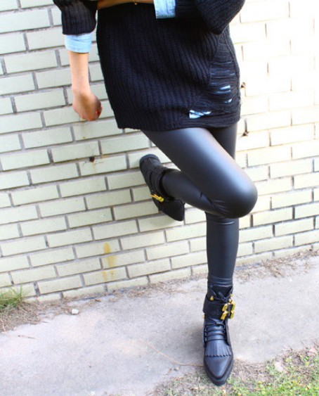 Elastic excellent dull faux leather pants tight legging female spring