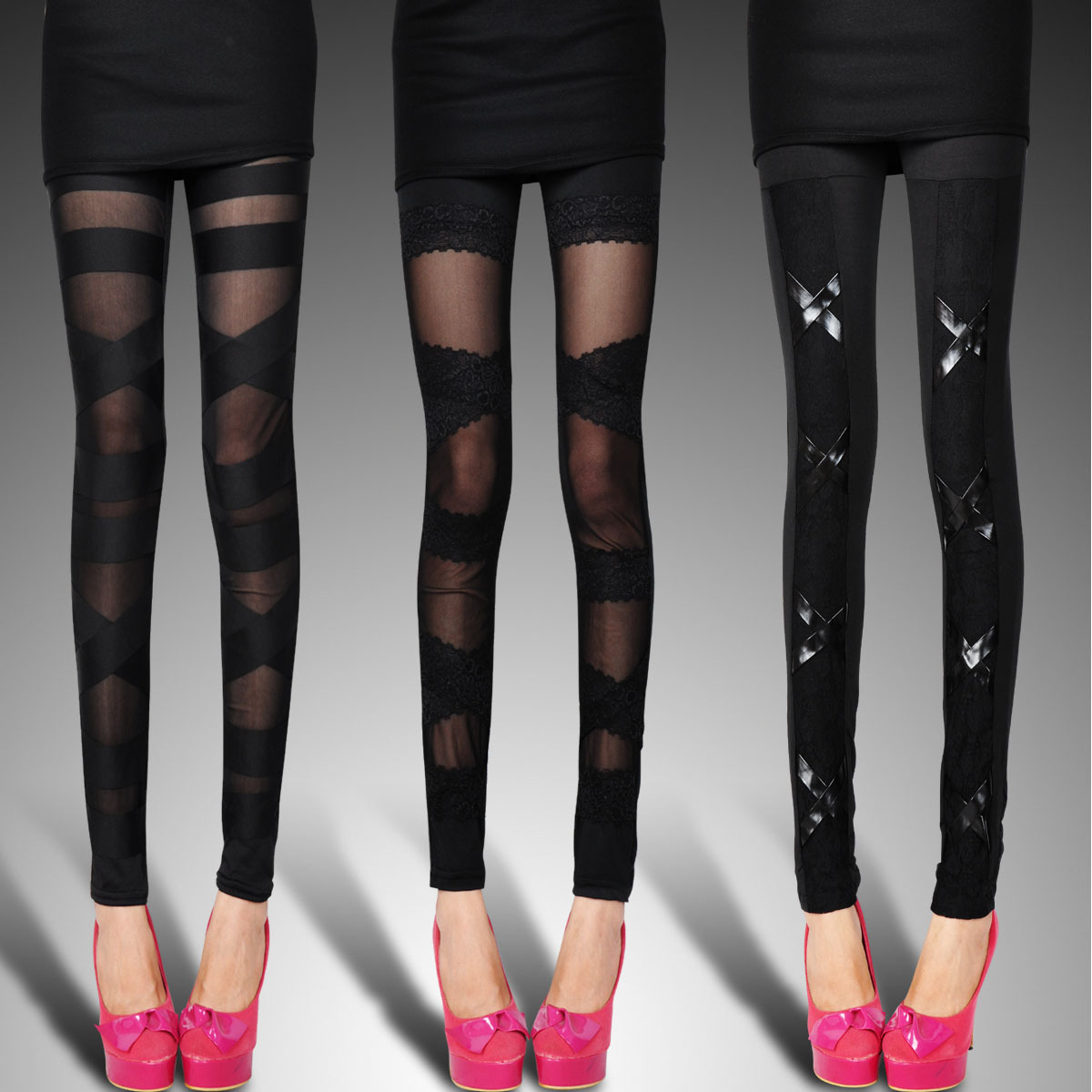 Elastic lace legging pants cross faux leather legging female spring and summer 2013