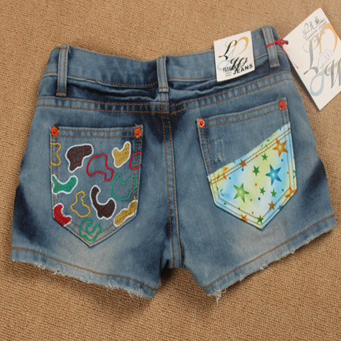 Elastic plus size loose embroidery denim shorts female summer shorts mm distrressed