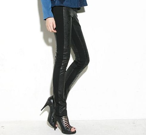 Elastic thread 2012 butt-lifting patchwork basic leather pants pencil pants boot cut jeans