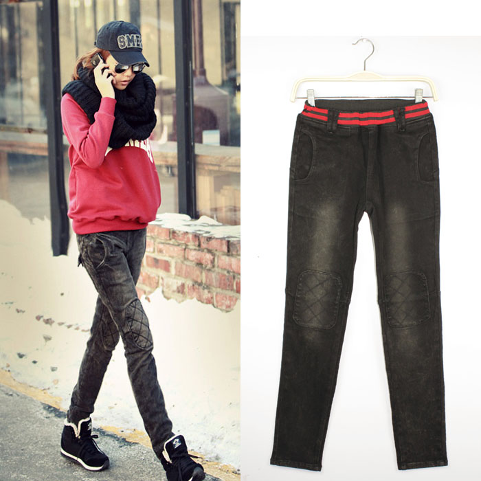 Elastic waist patch jeans female personality harem pants denim long trousers