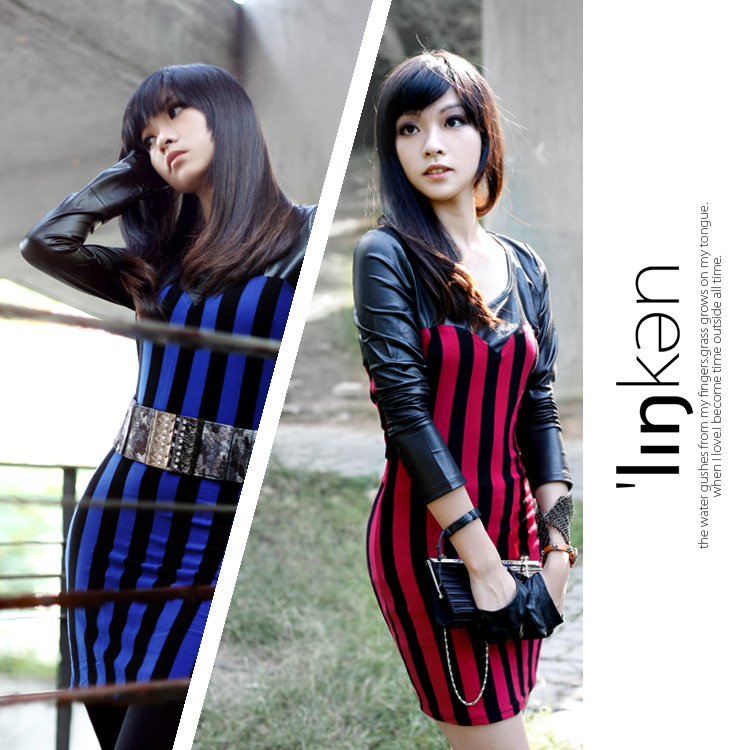 Elegant 157 2012 autumn and winter stripe patchwork leather quality slim hip long-sleeve dress