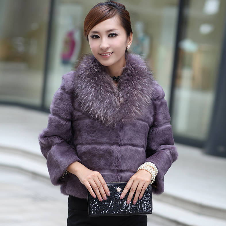 Elegant 2012 winter three quarter sleeve rabbit fur coat full leather fur coat 5 color women raccoon fur neck ems free shipping